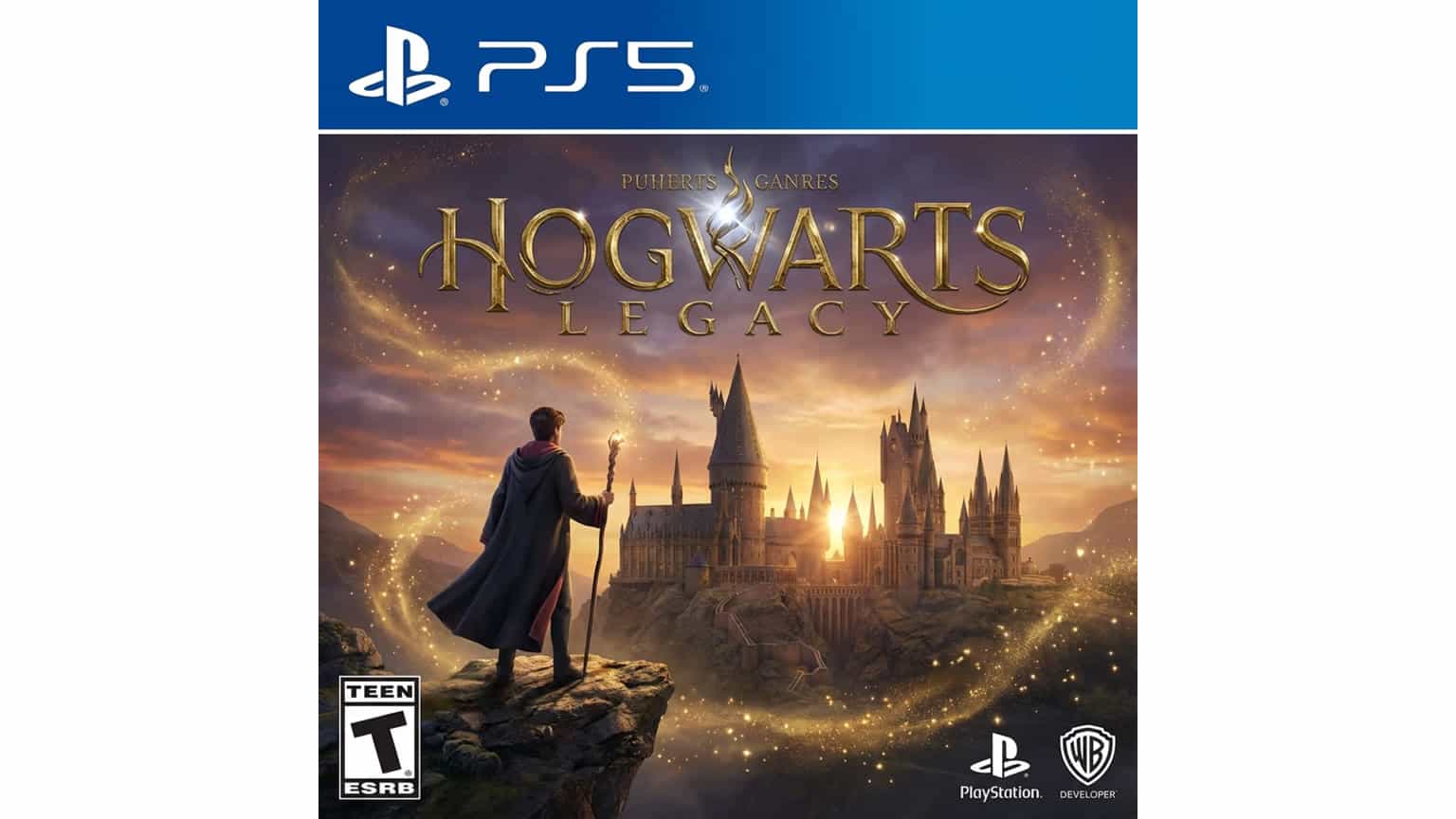 Hogwarts Legacy PS5 disc buying setup beside a PlayStation 5 console