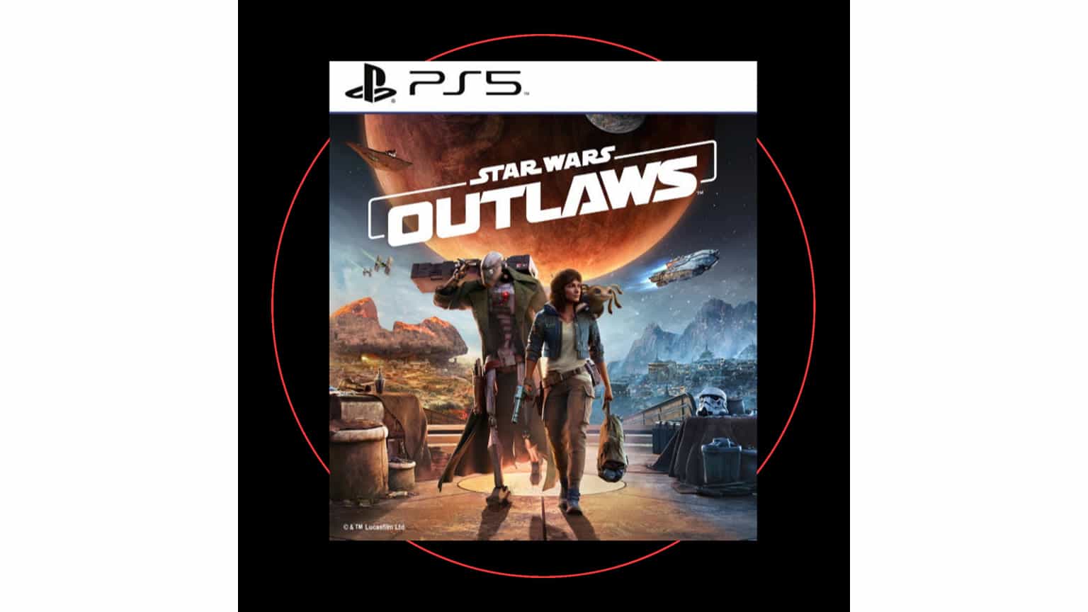 Star Wars Outlaws PS5 disc beside a PlayStation 5 setup on a clean gaming desk
