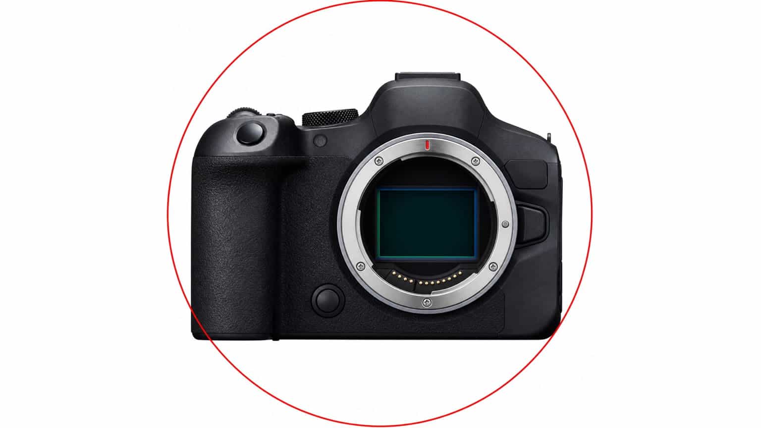 Canon EOS R6 Mark III style camera body on a clean studio surface with camera accessories nearby