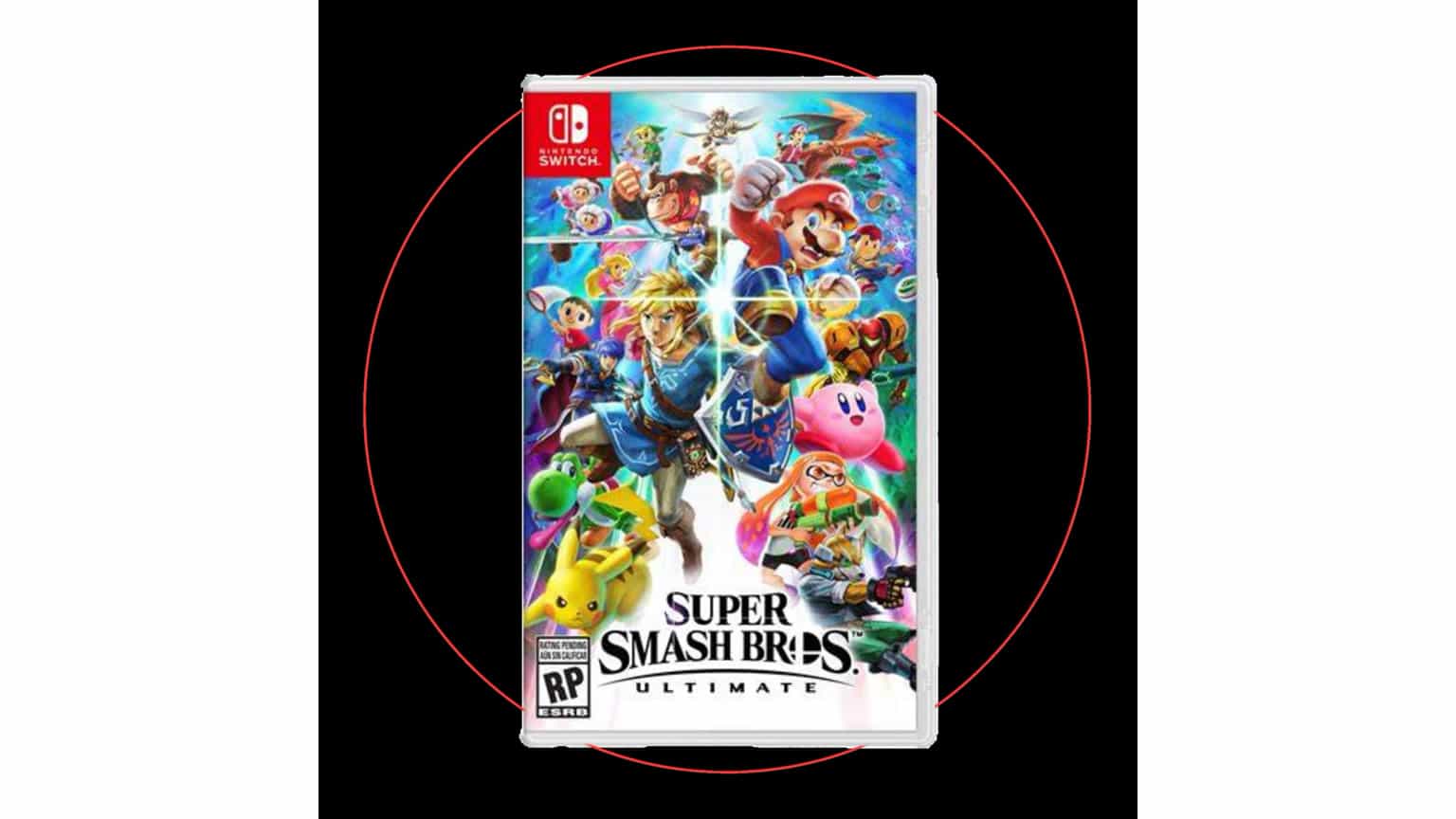Super Smash Bros. Ultimate physical game card beside Nintendo Switch controllers