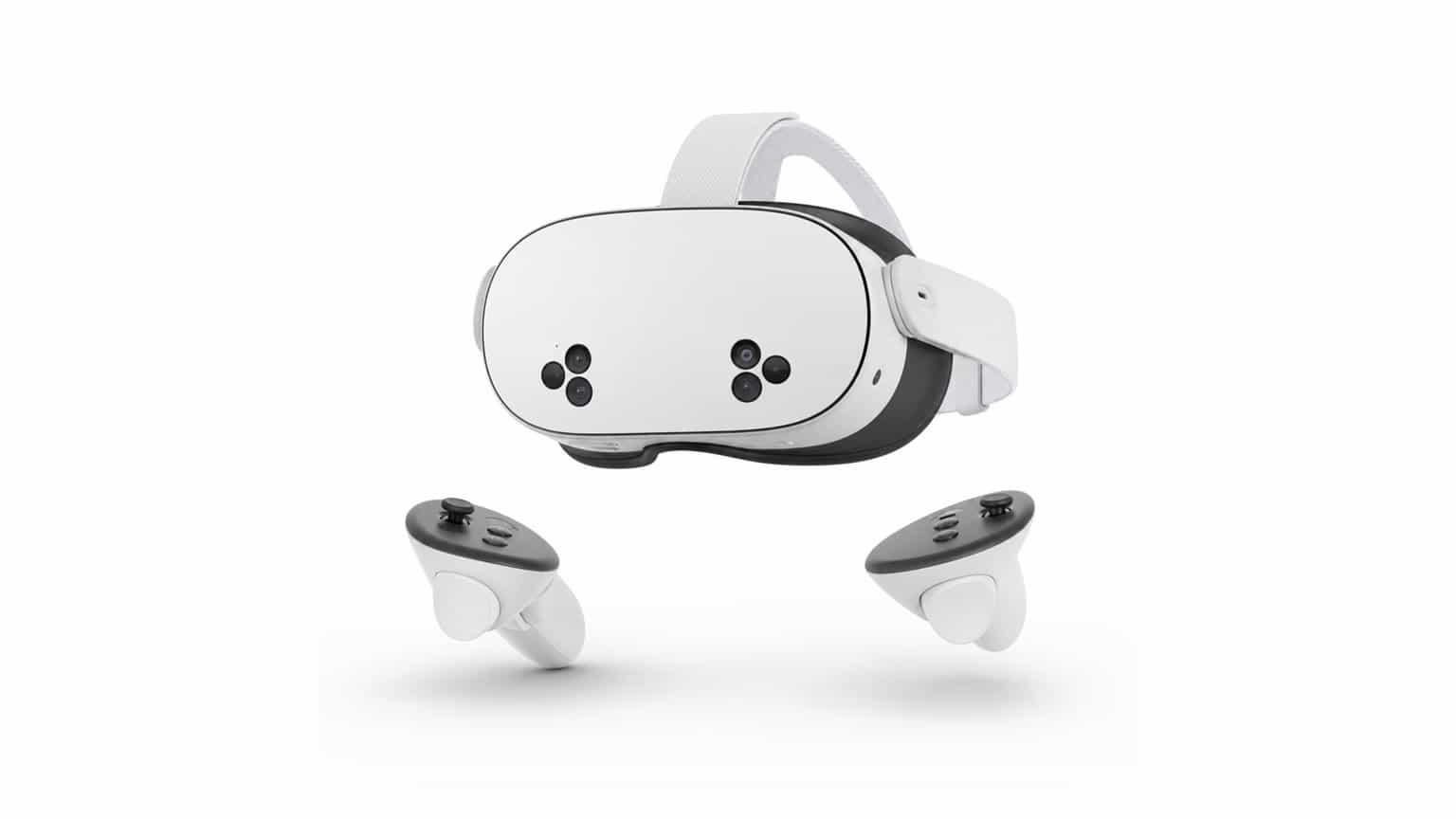 Meta Quest 3S style VR headset setup on a clean table with controllers and charging cable
