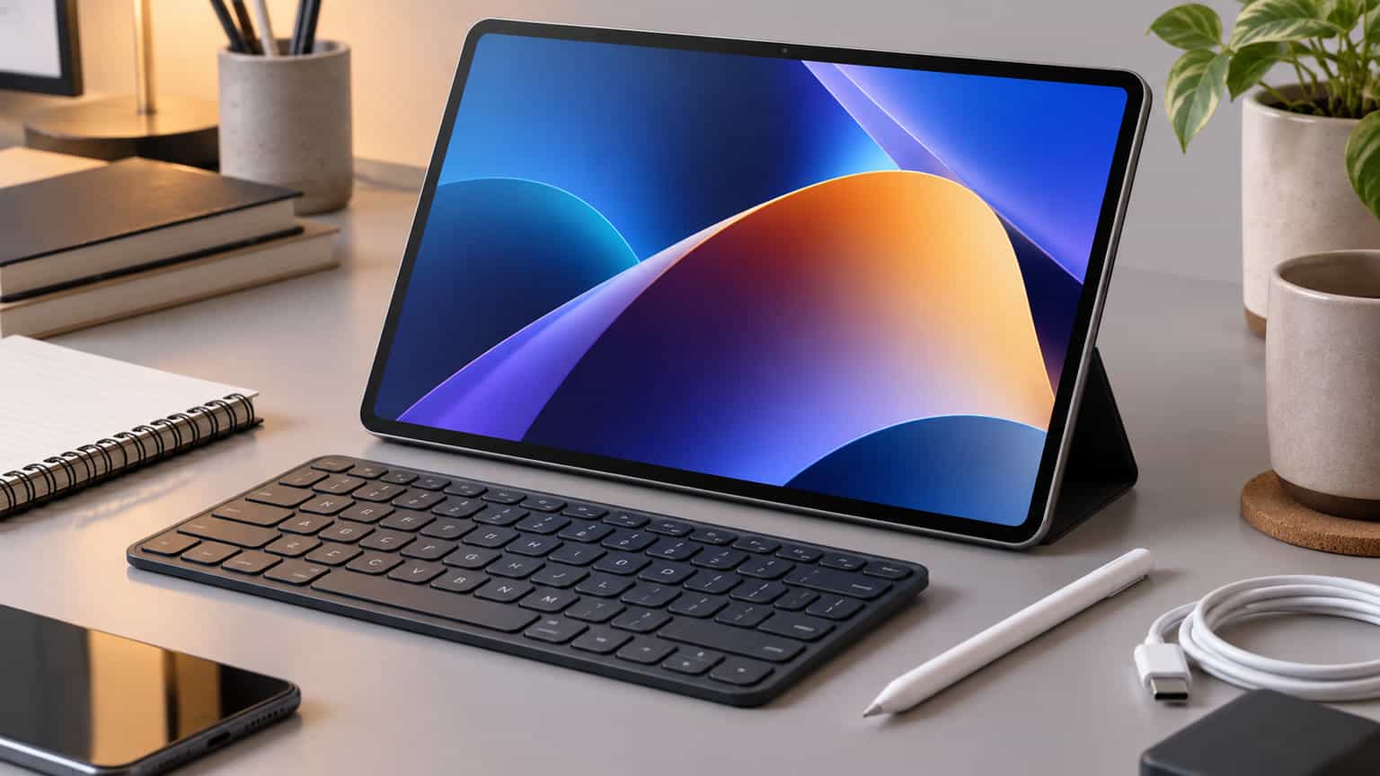 Xiaomi Pad 9 Pro Max style large tablet on a desk beside a keyboard and stylus, no logos or text