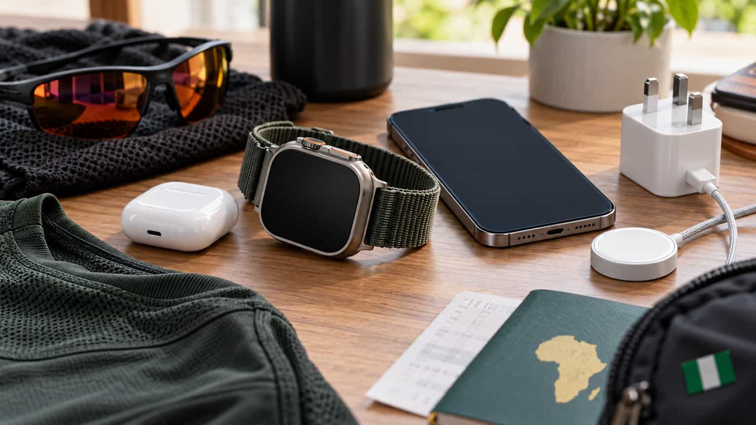 Illustrative generated still life of a rugged smartwatch, phone, charging puck and travel gear on a desk