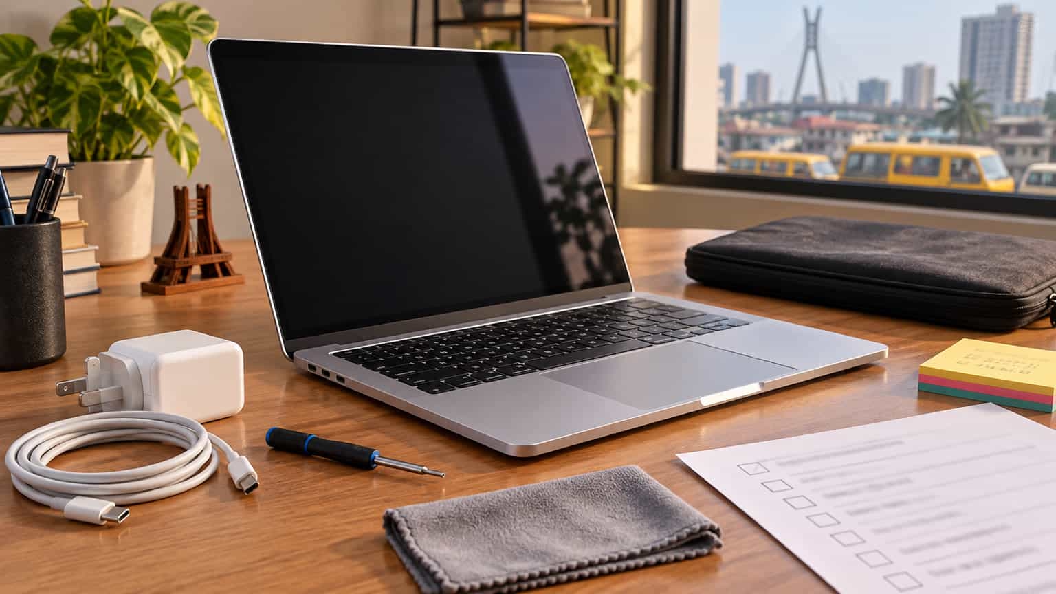 Editorial illustration of a silver 13-inch MacBook-style laptop on a desk with charger and inspection notes, no logos or readable text
