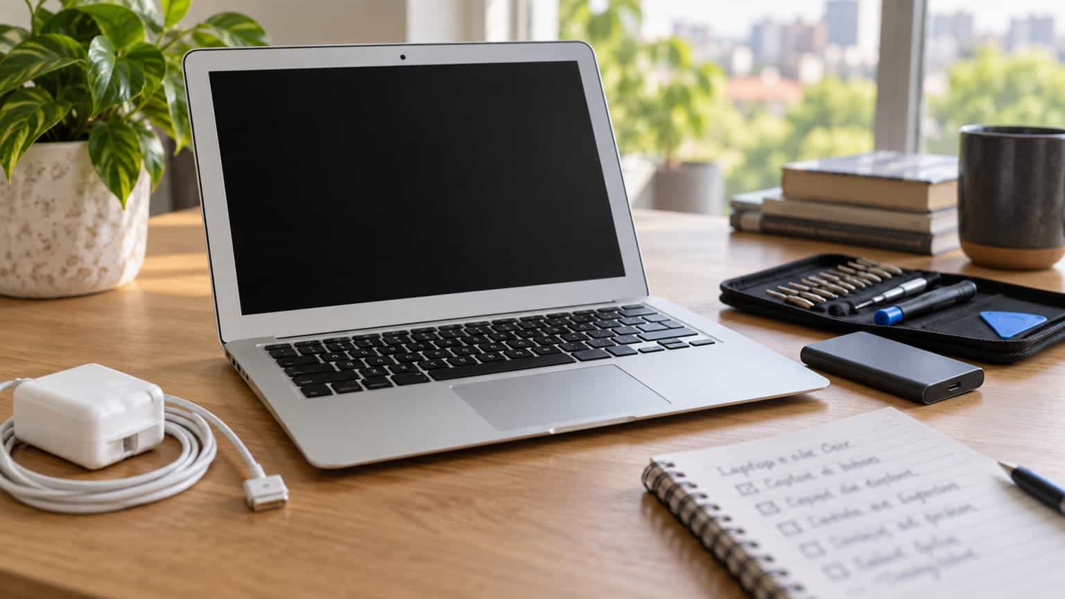 Editorial illustration of a silver 13-inch MacBook Air on a desk with charger and inspection notes nearby