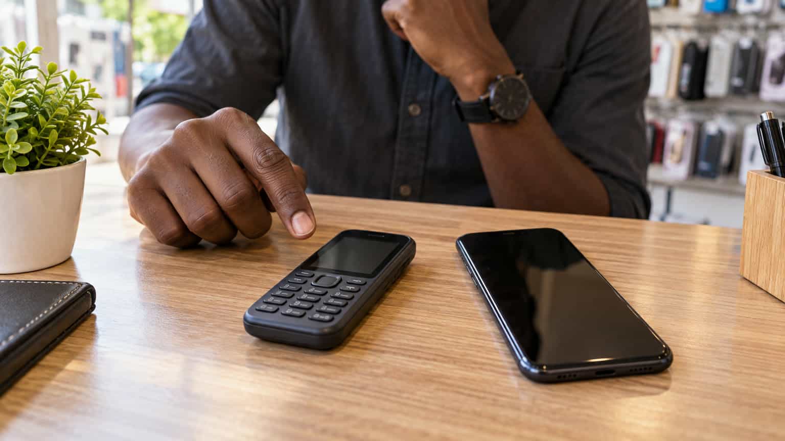 Conceptual illustration of a feature phone beside a smartphone