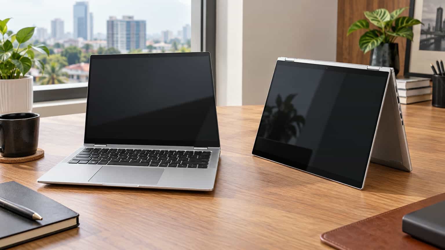 Conceptual illustration of a used laptop buying decision