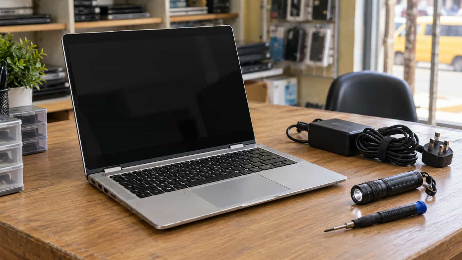 Conceptual illustration of a used laptop buying decision