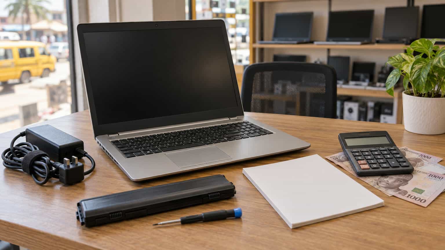 Conceptual illustration of a used laptop buying decision