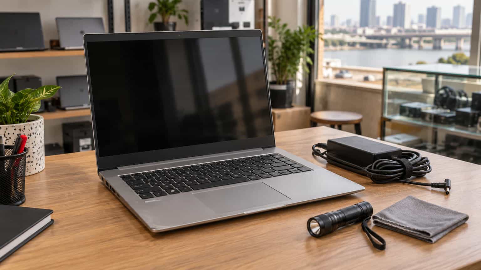 Conceptual illustration of a used laptop buying decision