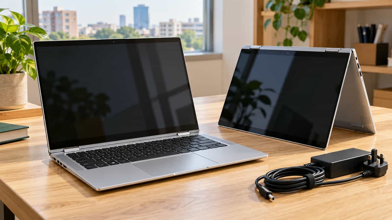 Editorial illustration of a silver convertible laptop in laptop and tent positions beside a charger