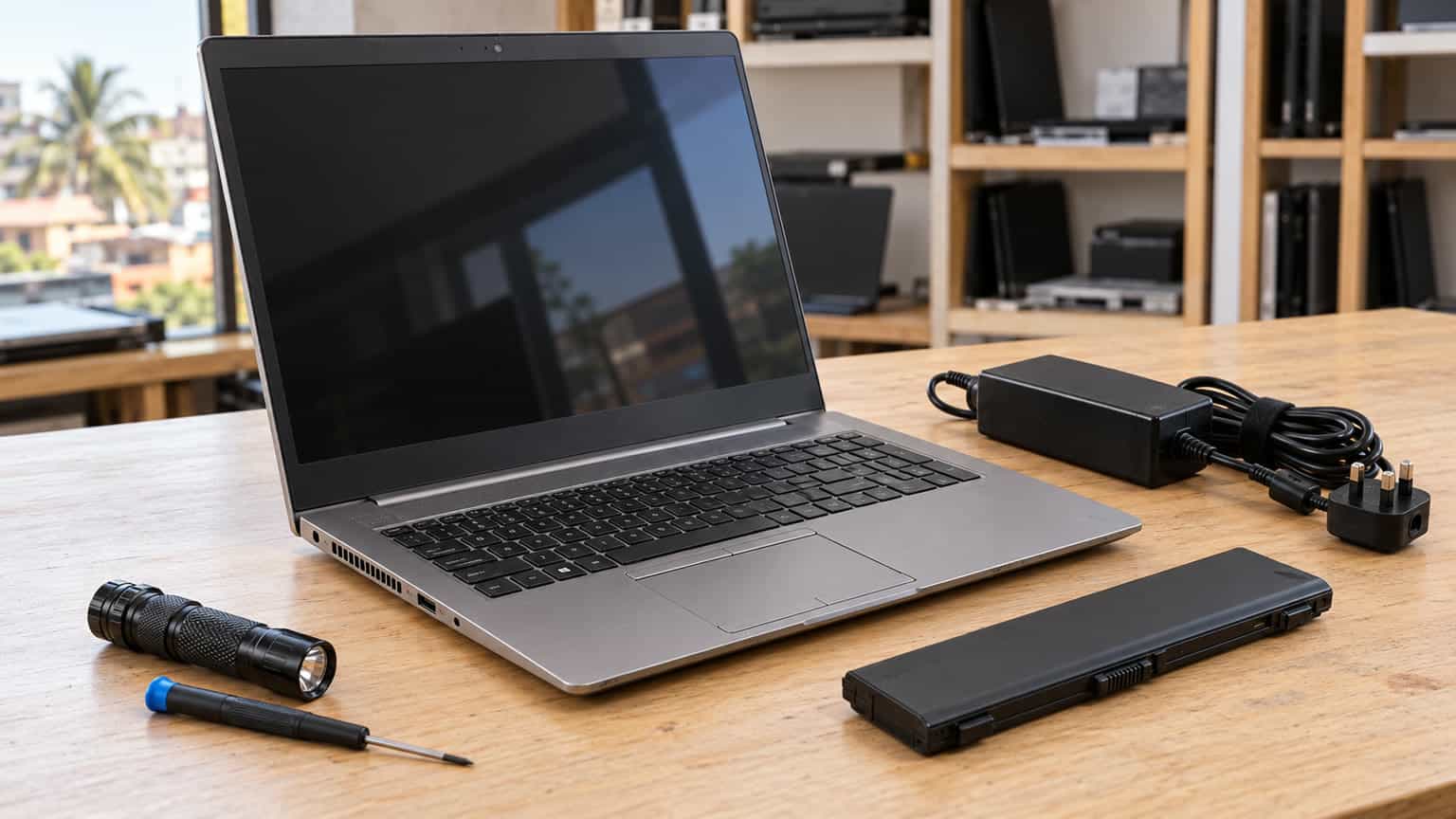 Editorial illustration of a silver mobile workstation beside a charger and inspection tools