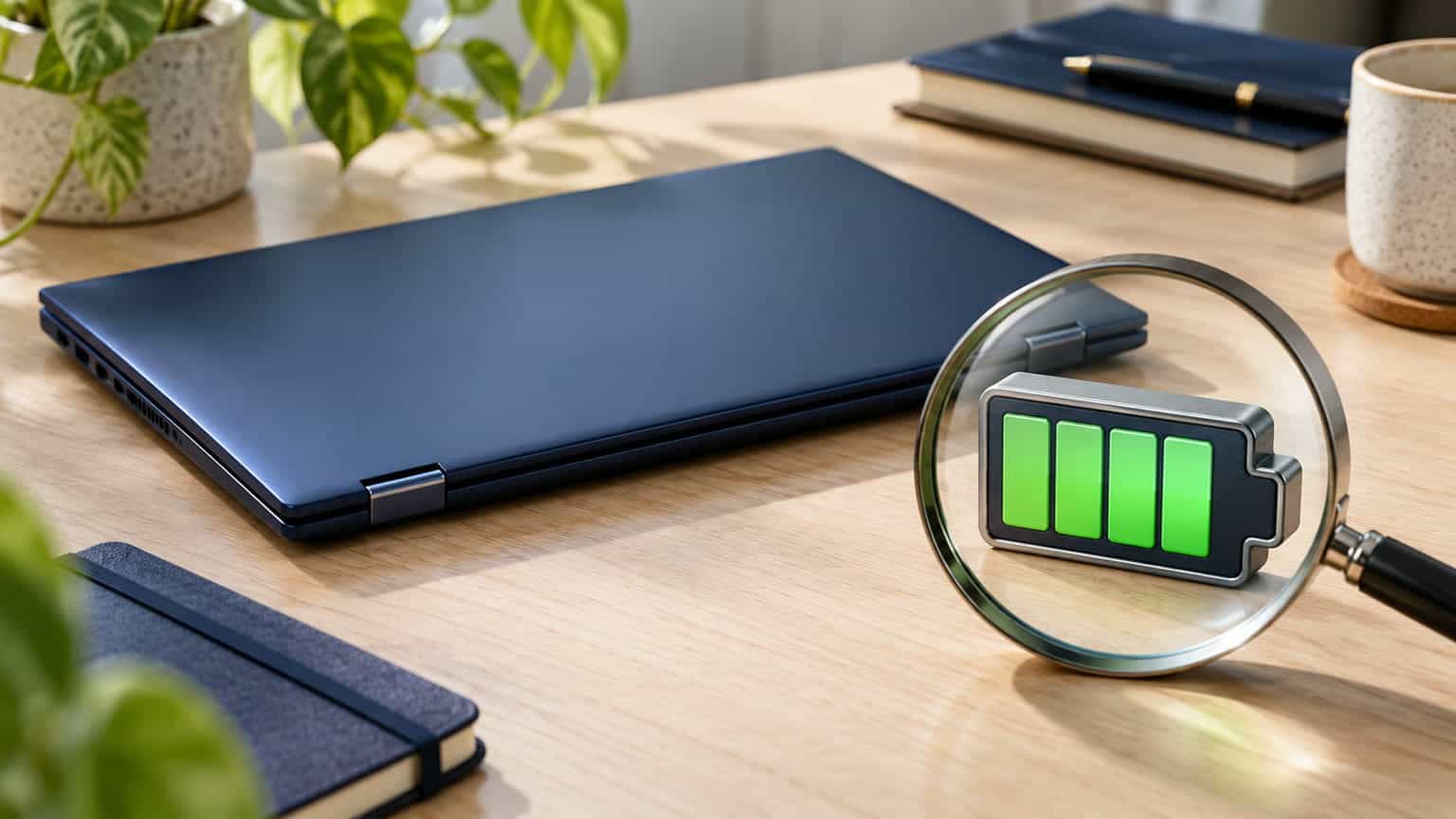 Conceptual illustration of a closed unbranded laptop beside a battery symbol and inspection magnifier