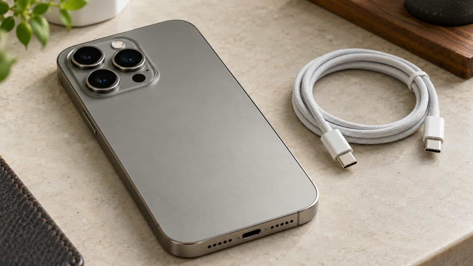 Editorial illustration of an iPhone 15 Pro Max beside a USB-C cable and inspection magnifier