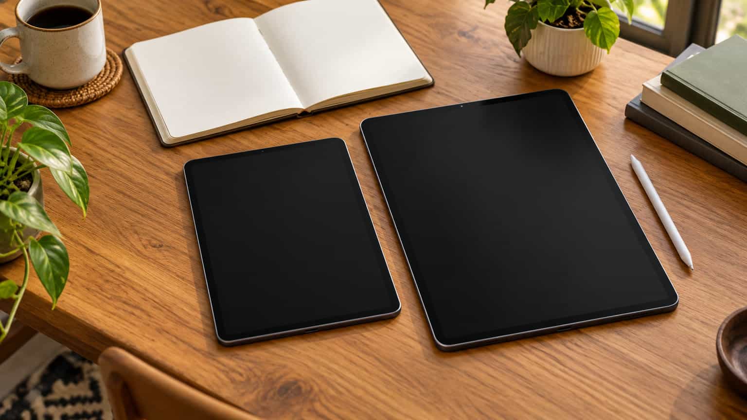 Editorial illustration comparing the working space of two tablet sizes beside a stylus and notebook