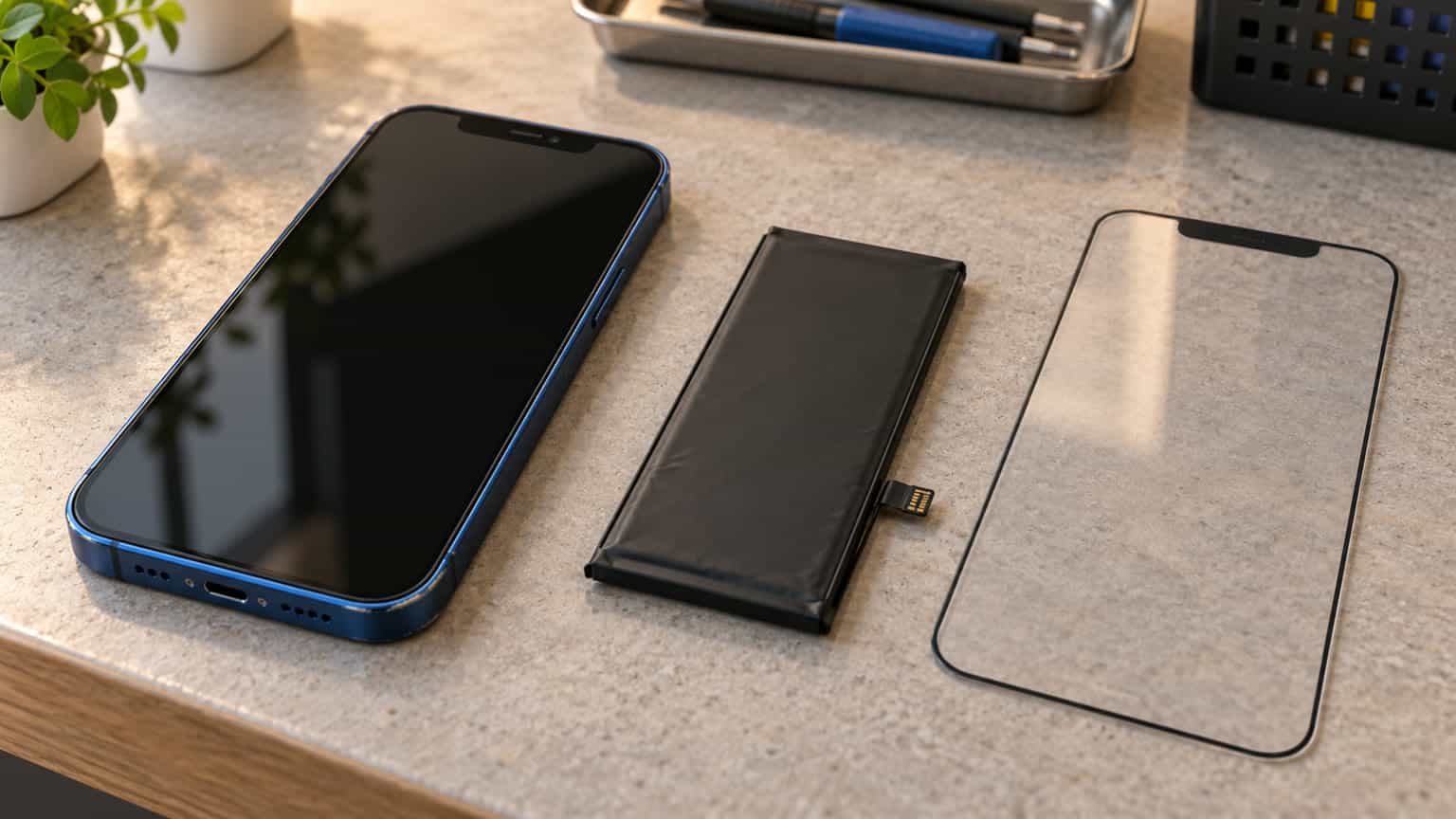 Editorial illustration of an iPhone 12 beside a separate battery and protective display glass