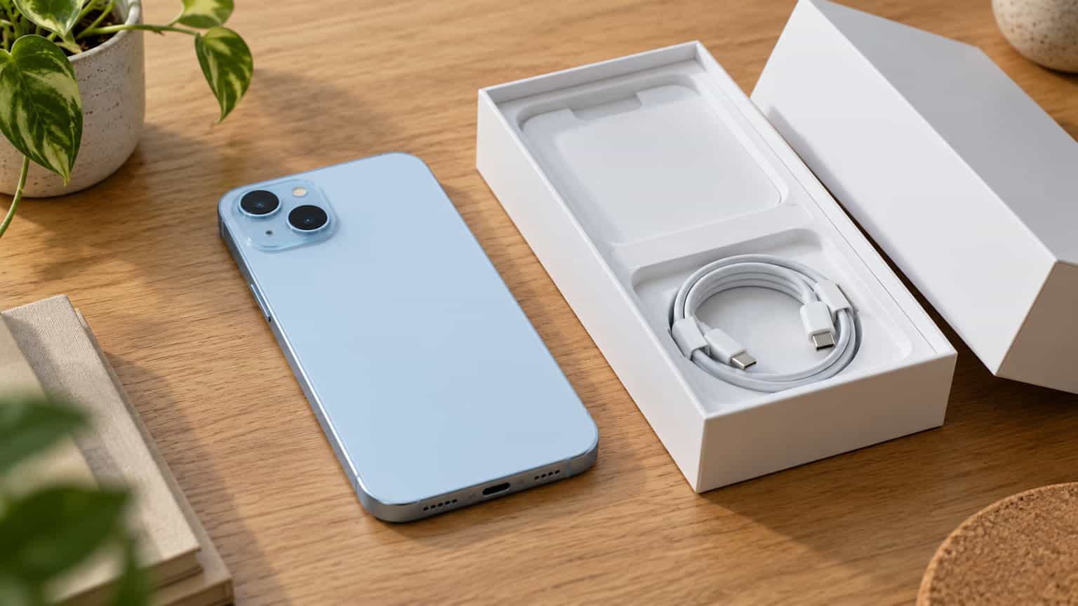 Editorial illustration of an iPhone 15 Plus beside opened packaging and a USB-C cable