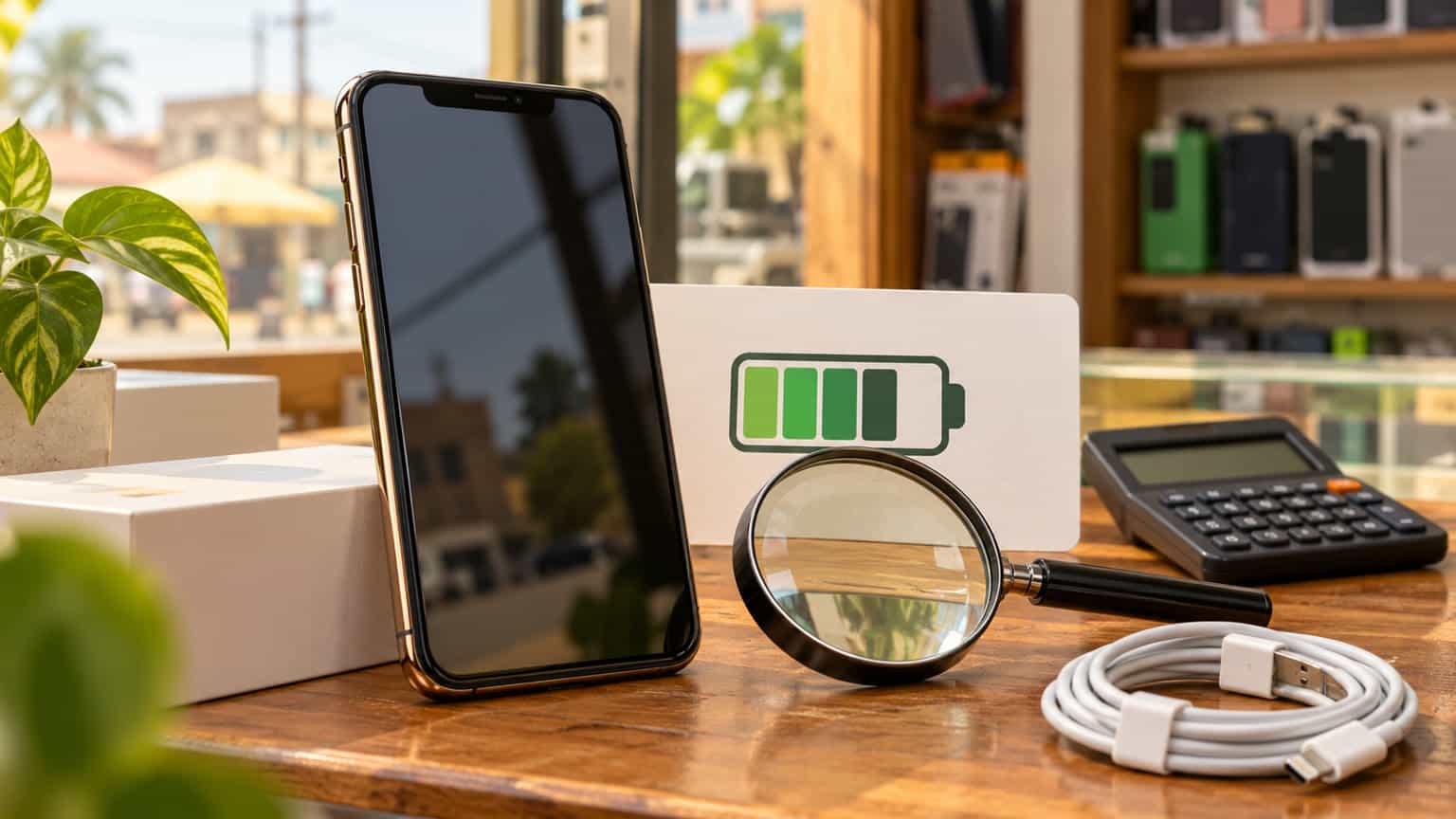 Editorial illustration of an iPhone XS Max beside a battery inspection symbol and magnifying glass
