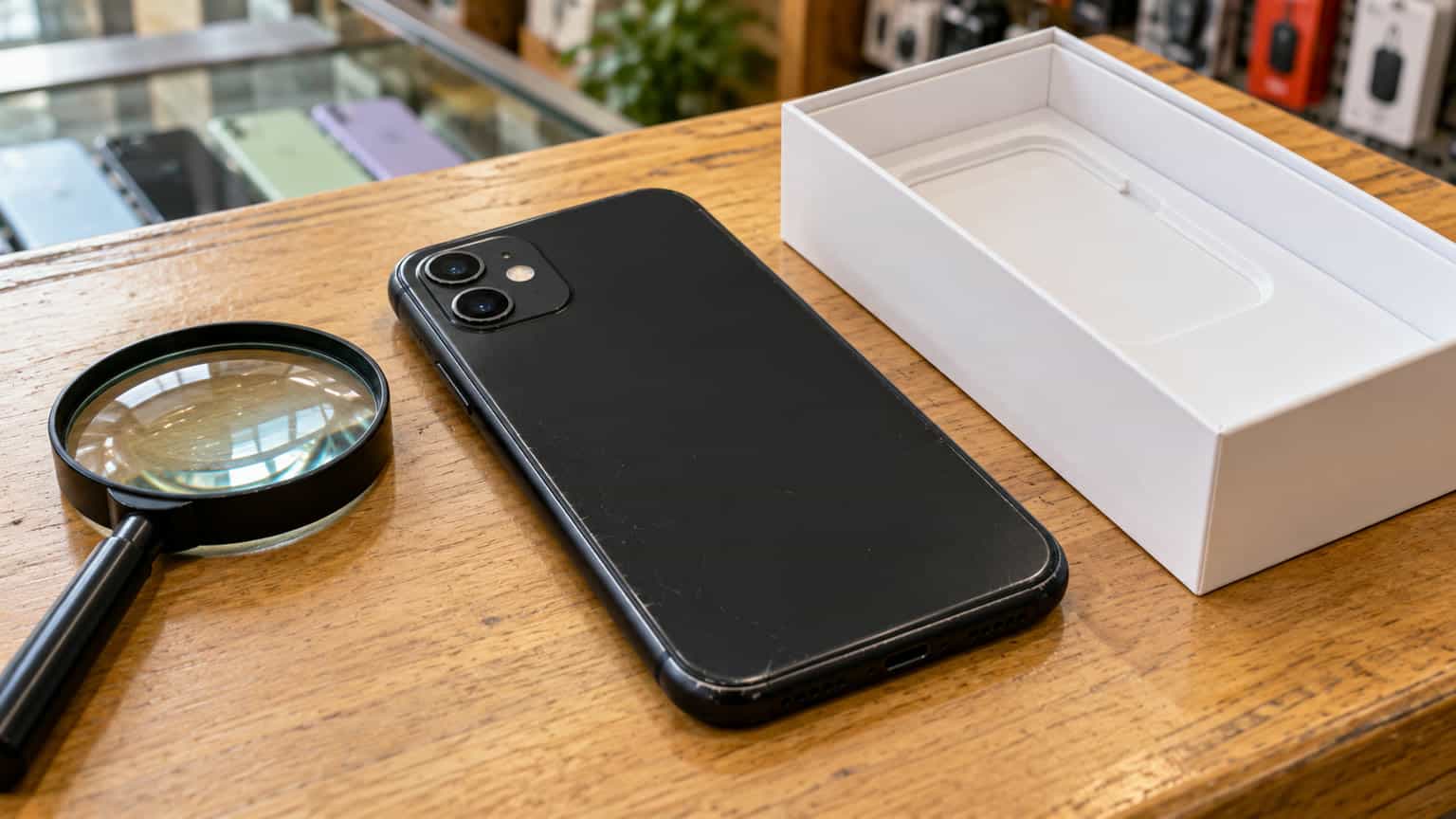 Editorial illustration of an iPhone 11 beside an open box and inspection magnifier