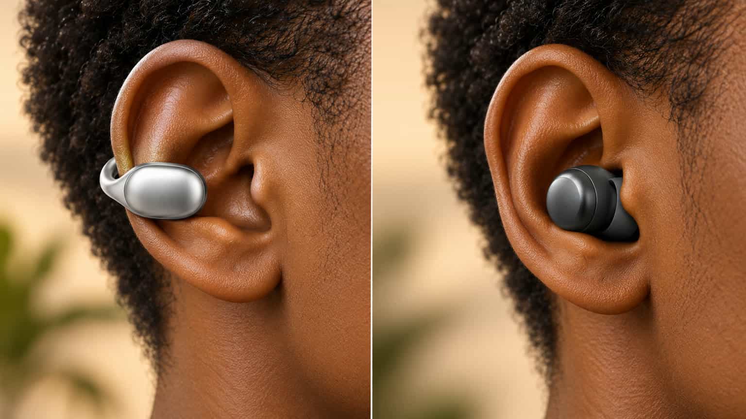 Editorial illustration contrasting an open ear canal with a sealed ear-tip listening fit