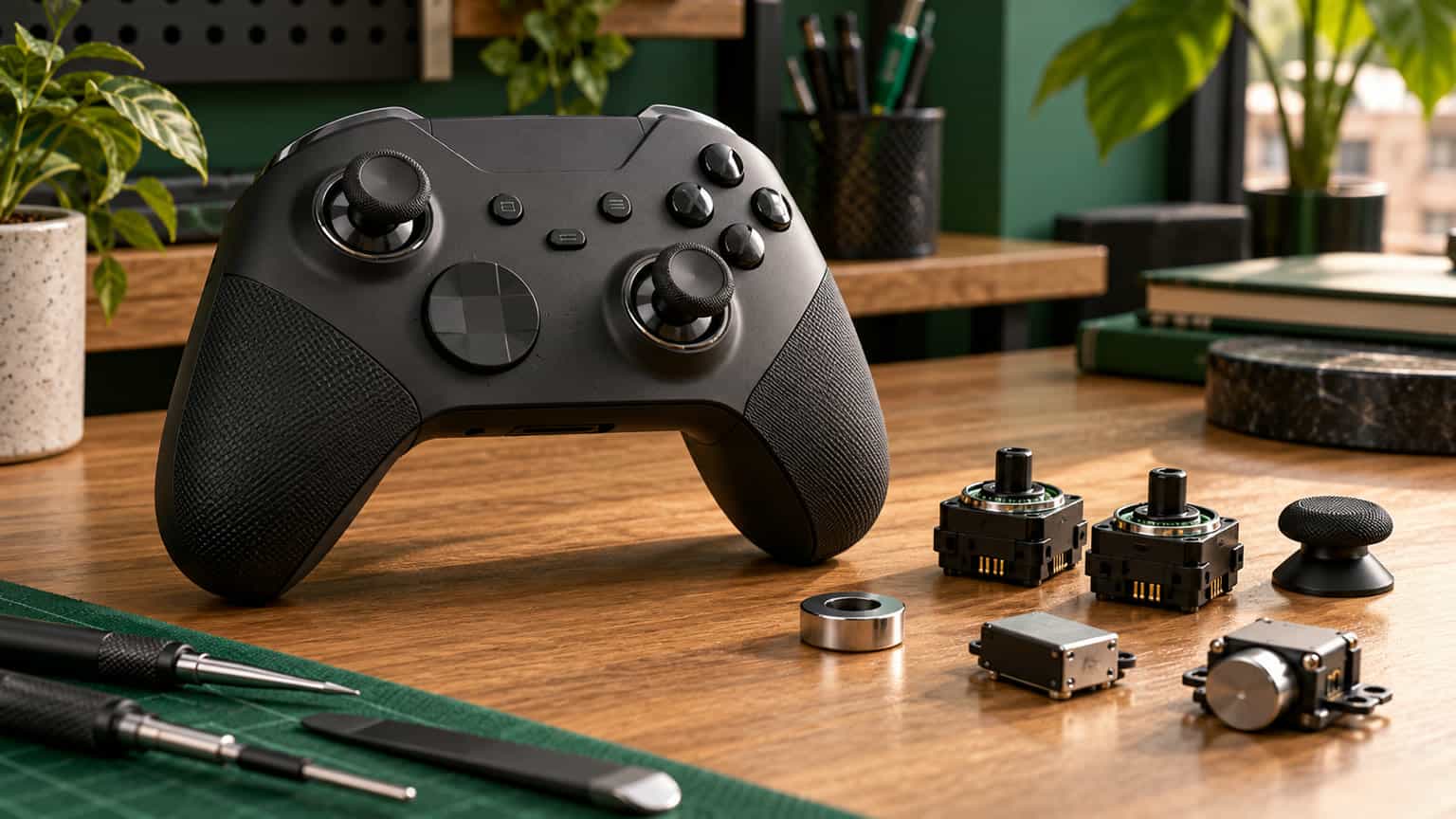 Editorial illustration of a controller upgrade decision, with magnetic sensing components beside an unbranded gamepad
