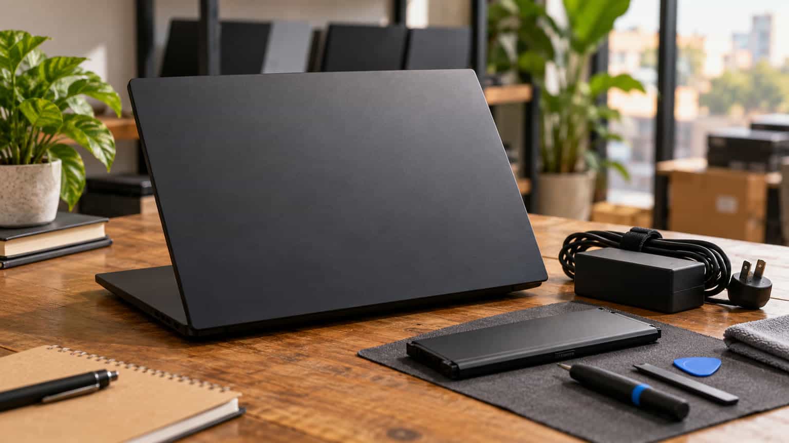 Editorial illustration of a compact workstation beside a battery and charger inspection arrangement