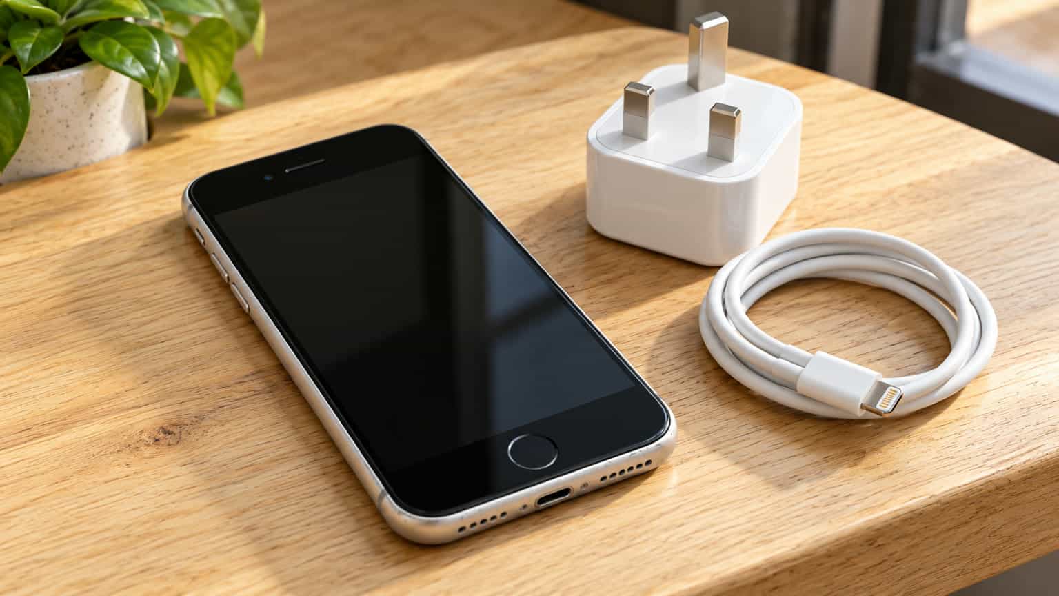 Editorial illustration of a compact iPhone SE 3 beside a Lightning cable and charging adapter