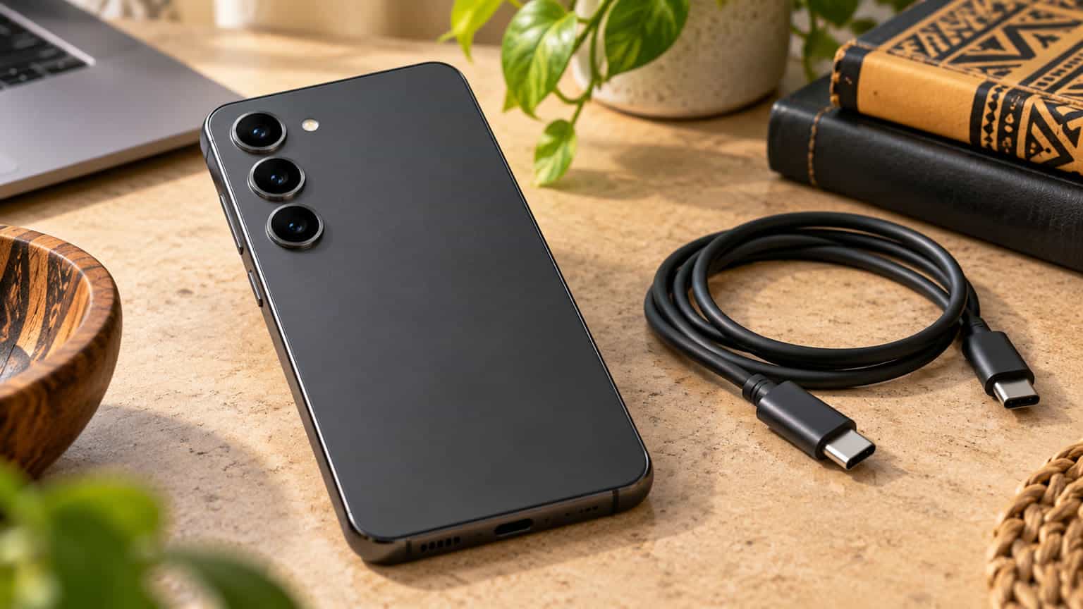 Editorial illustration of a compact Galaxy S23 beside a USB-C charging cable