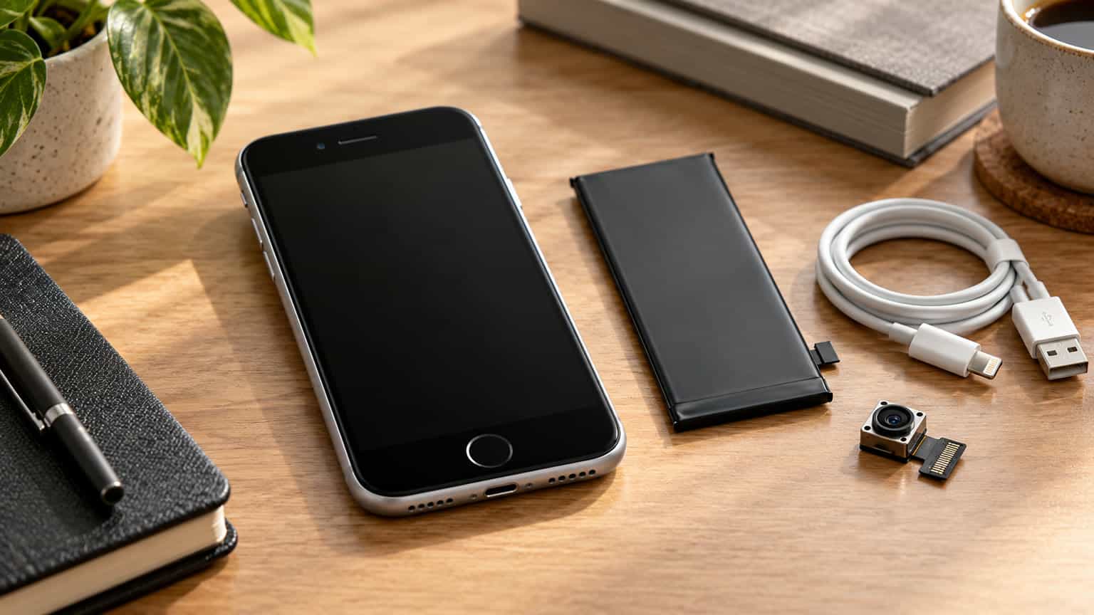 Editorial illustration of compact-phone buying decisions, with a battery, camera lens and charging cable
