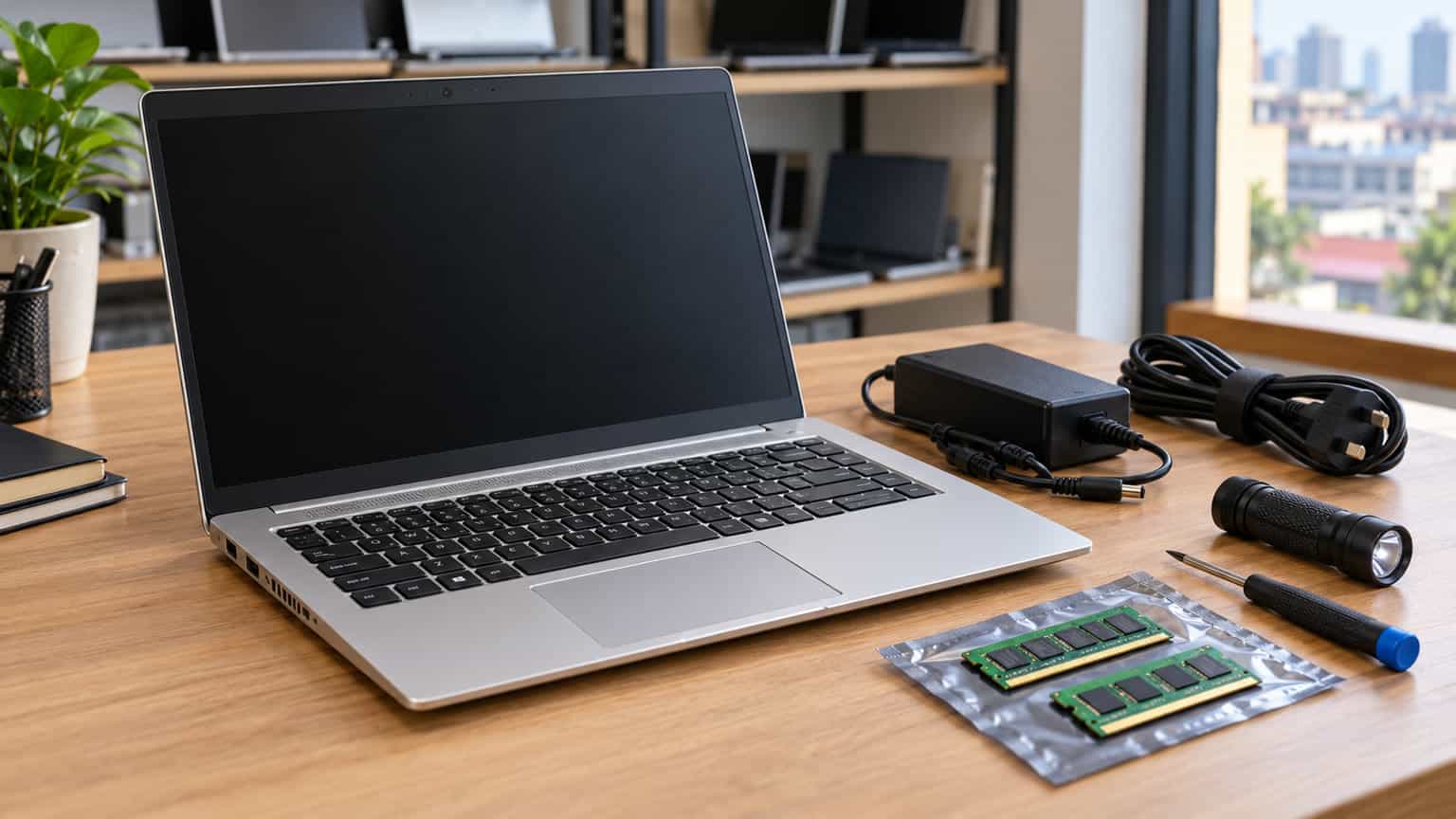 Editorial illustration of a used silver business laptop beside a charger and inspection tools