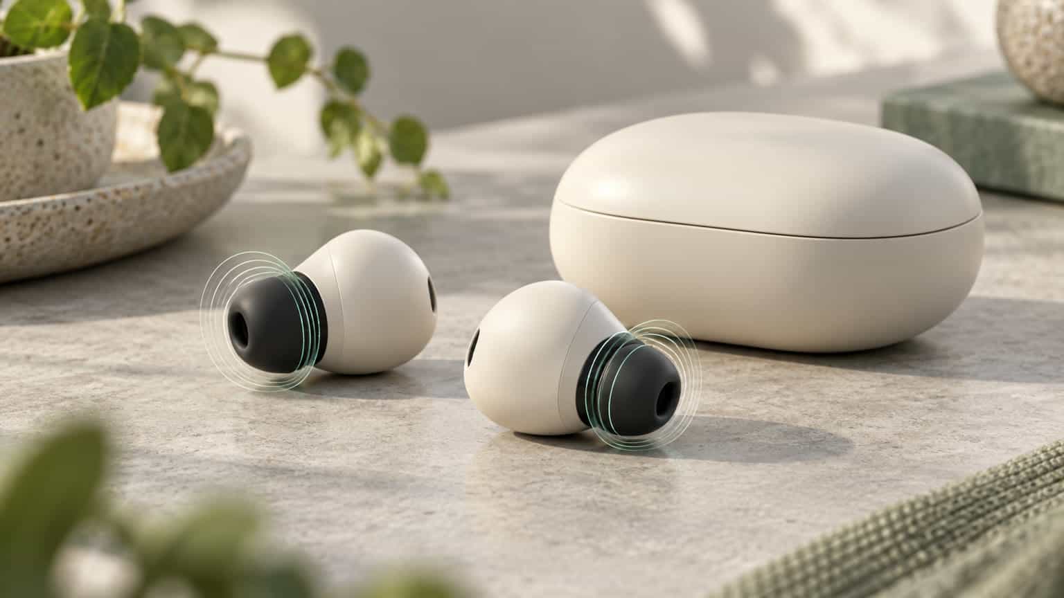 Editorial illustration of earbuds with changing ear-seal contours beside a closed charging case