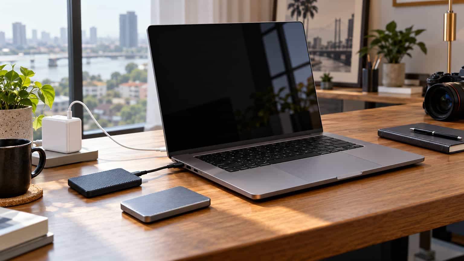 Editorial illustration of a 16-inch professional laptop with external storage and charging accessories