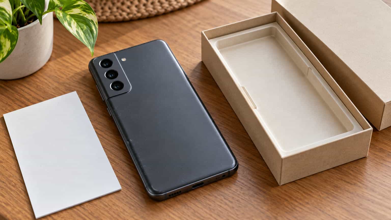 Editorial illustration of a Galaxy S21 FE beside its open packaging for a condition-focused buying guide