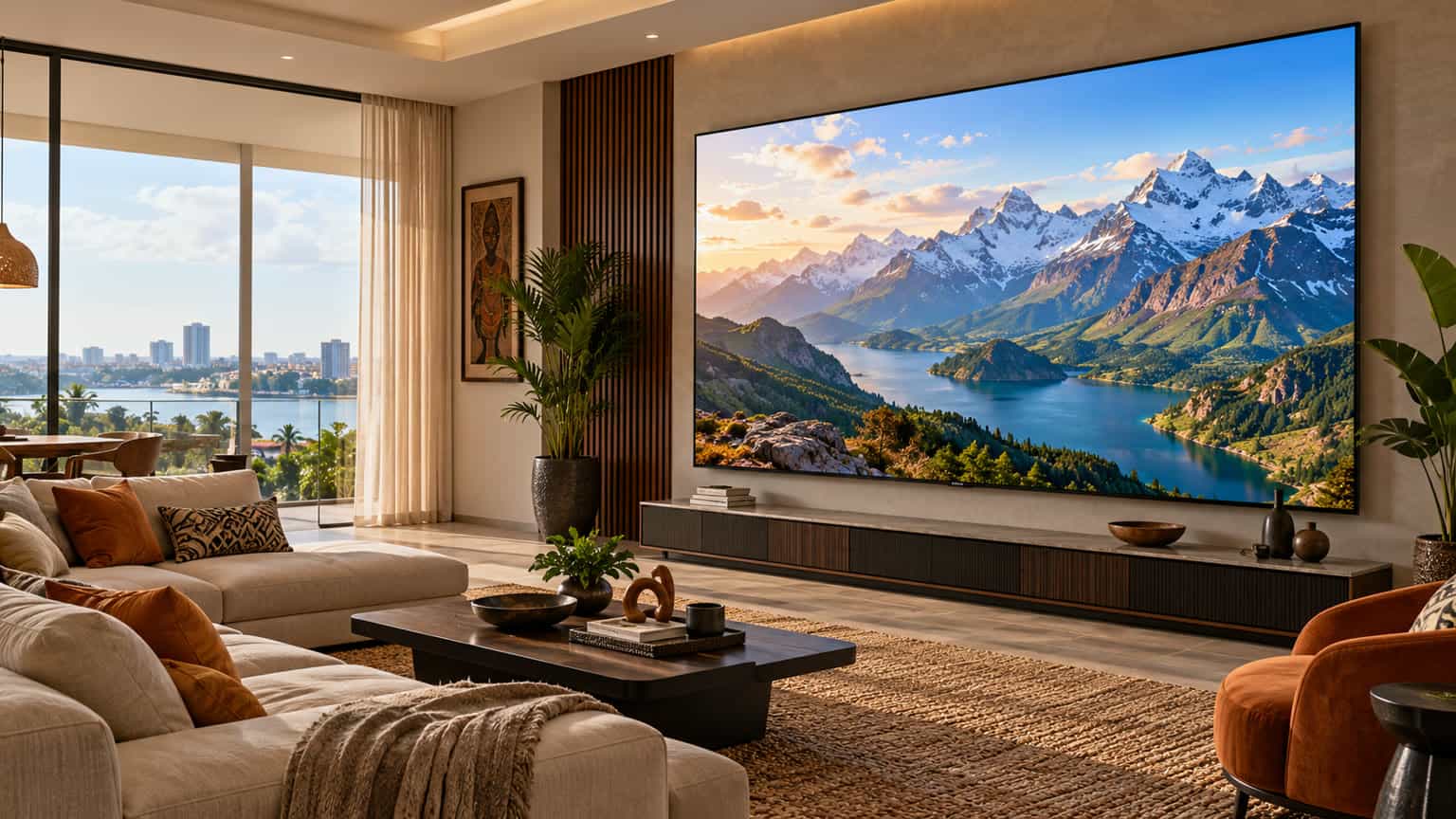 Conceptual illustration of an ultra-large television in a spacious living room, showing the scale of a 115-inch display