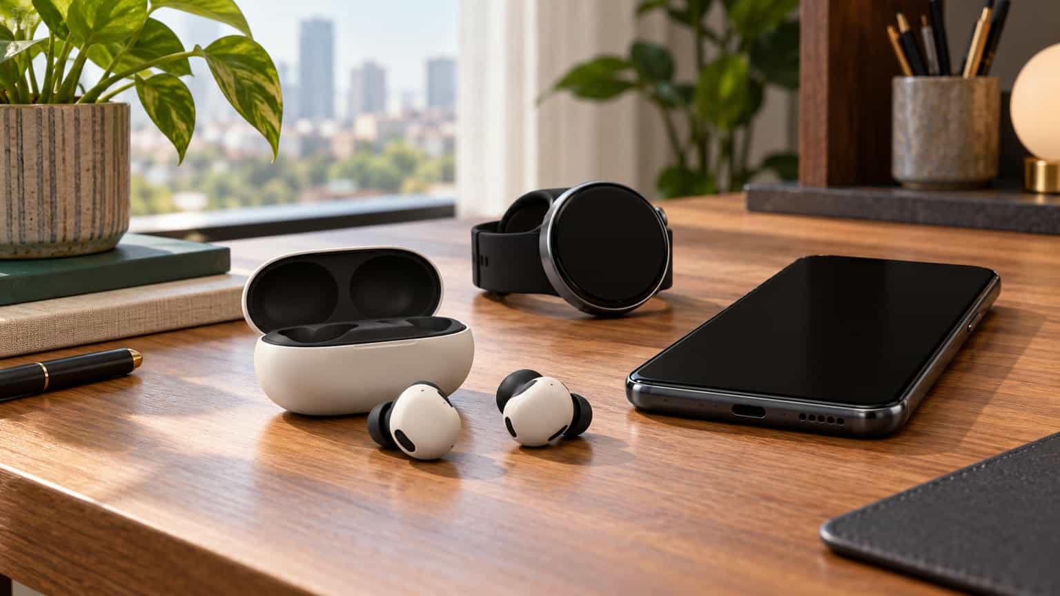 Editorial illustration of wireless earbuds beside a smartphone and smartwatch on a desk
