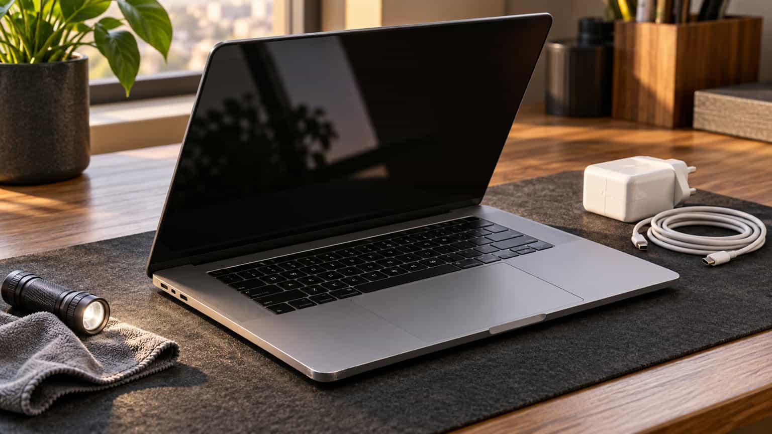 Editorial illustration of a 2018-style 15-inch laptop beside a charging cable on an inspection desk