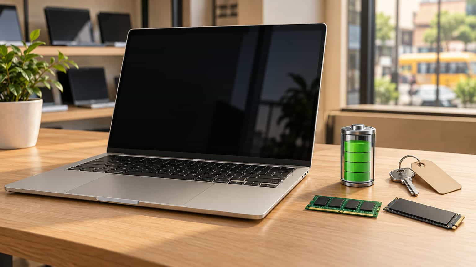 Editorial illustration of a 15-inch MacBook Air with separate battery, ownership and configuration symbols