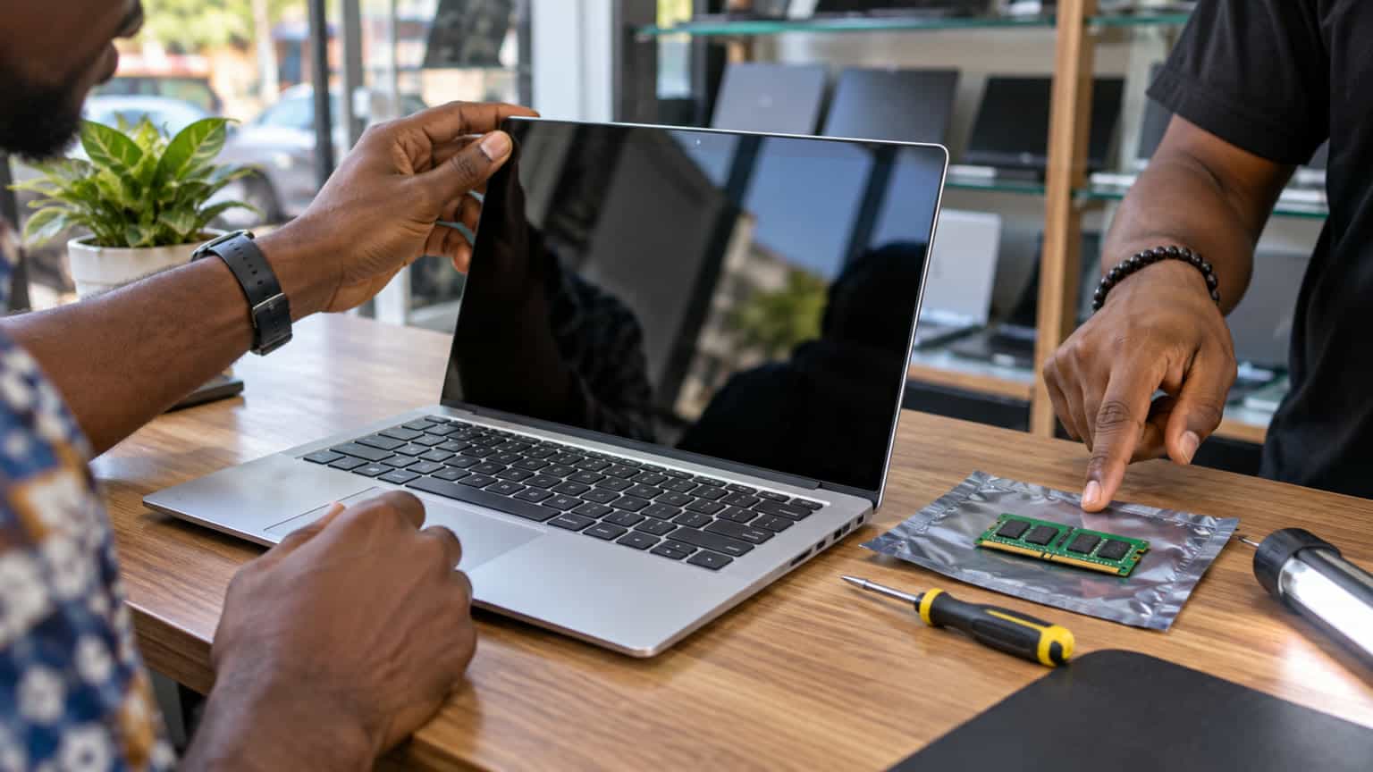 Conceptual illustration of examining a used laptop before purchase