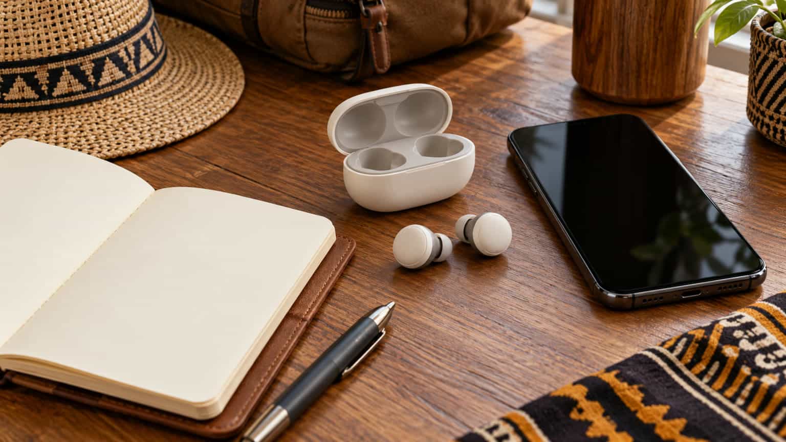 Editorial illustration of wireless earbuds beside a phone and travel notebook