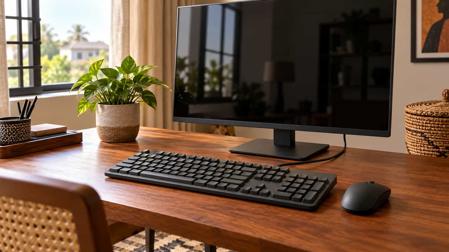 Editorial illustration of a keyboard computer workstation with a separate monitor in a Nigerian home office