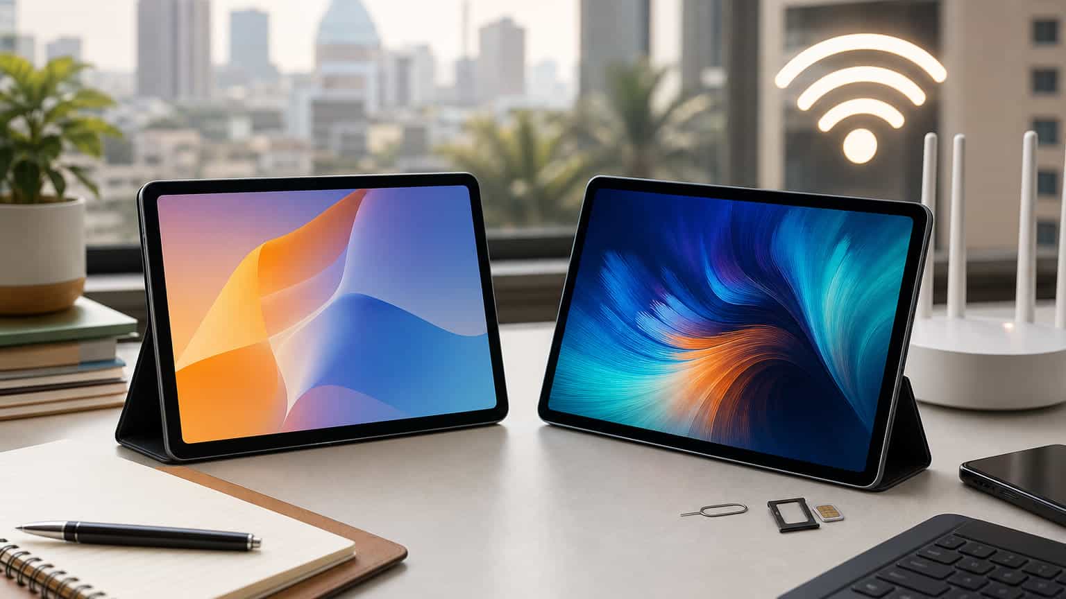 Two large Redmi-style tablets compared on a Nigerian desk setup