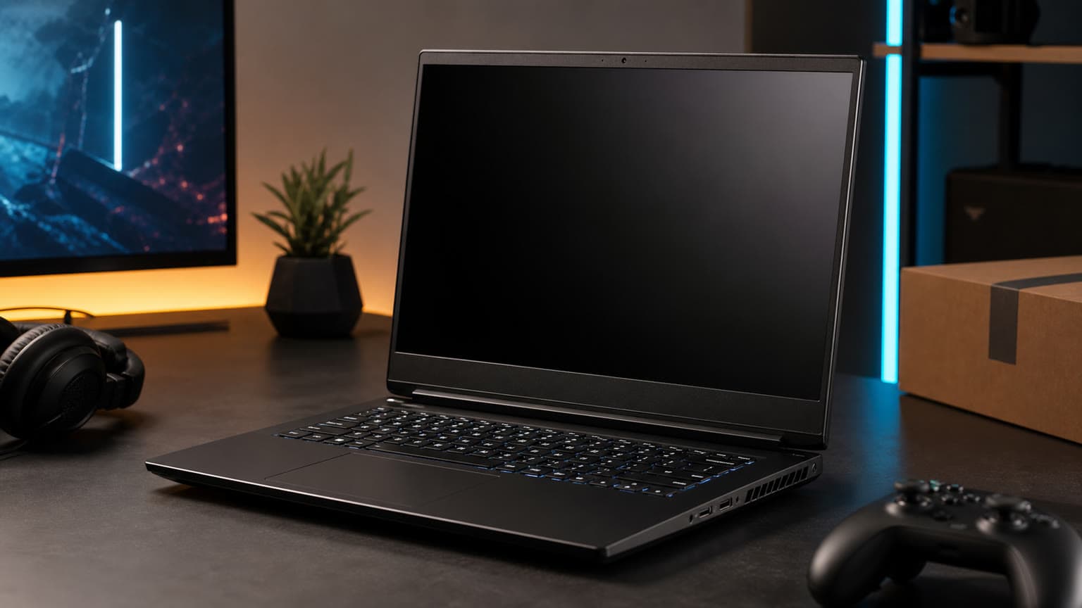 Original editorial image of a generic black gaming laptop on a modern desk