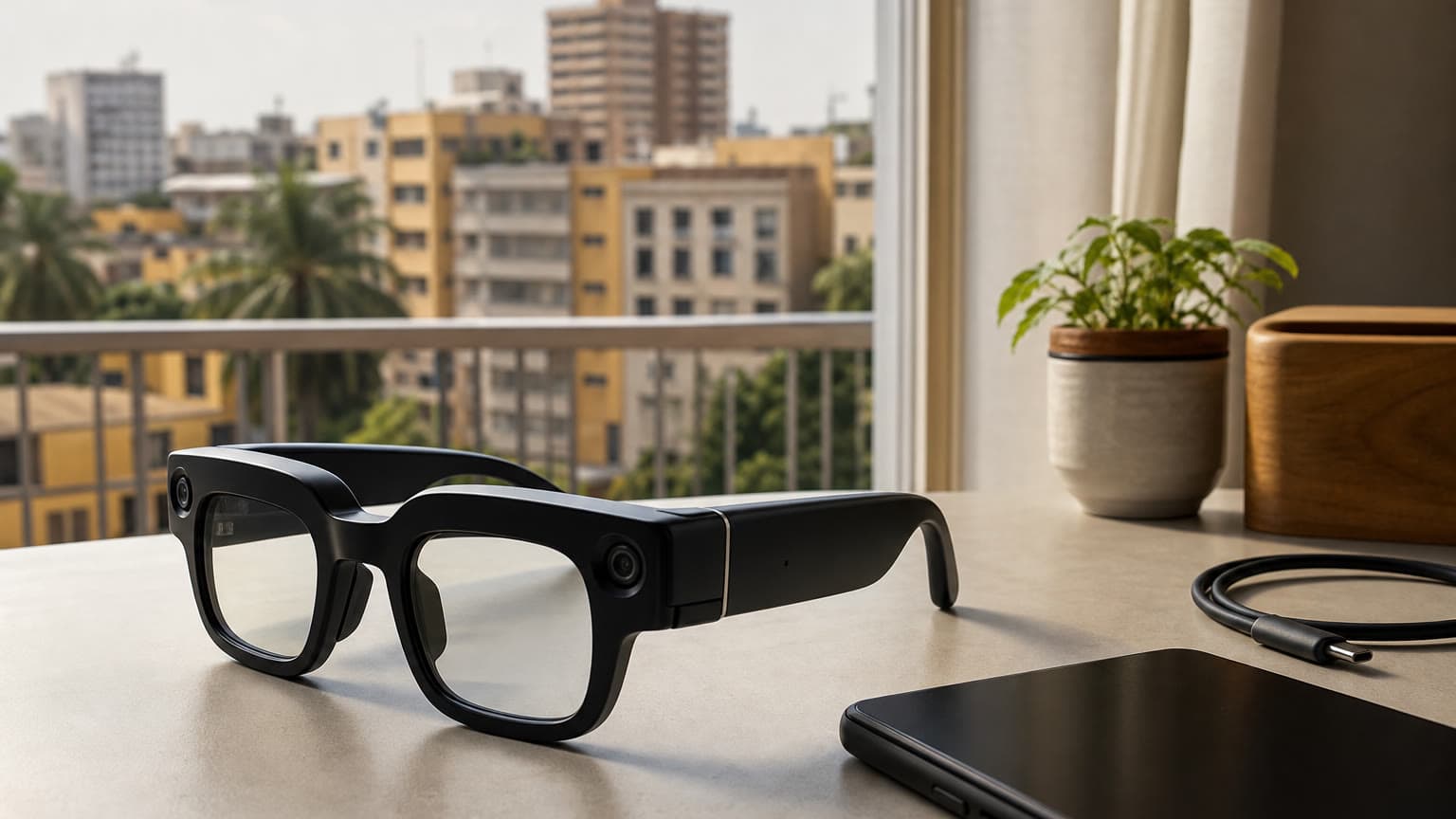 AI smart glasses beside a smartphone on a desk in an African city apartment