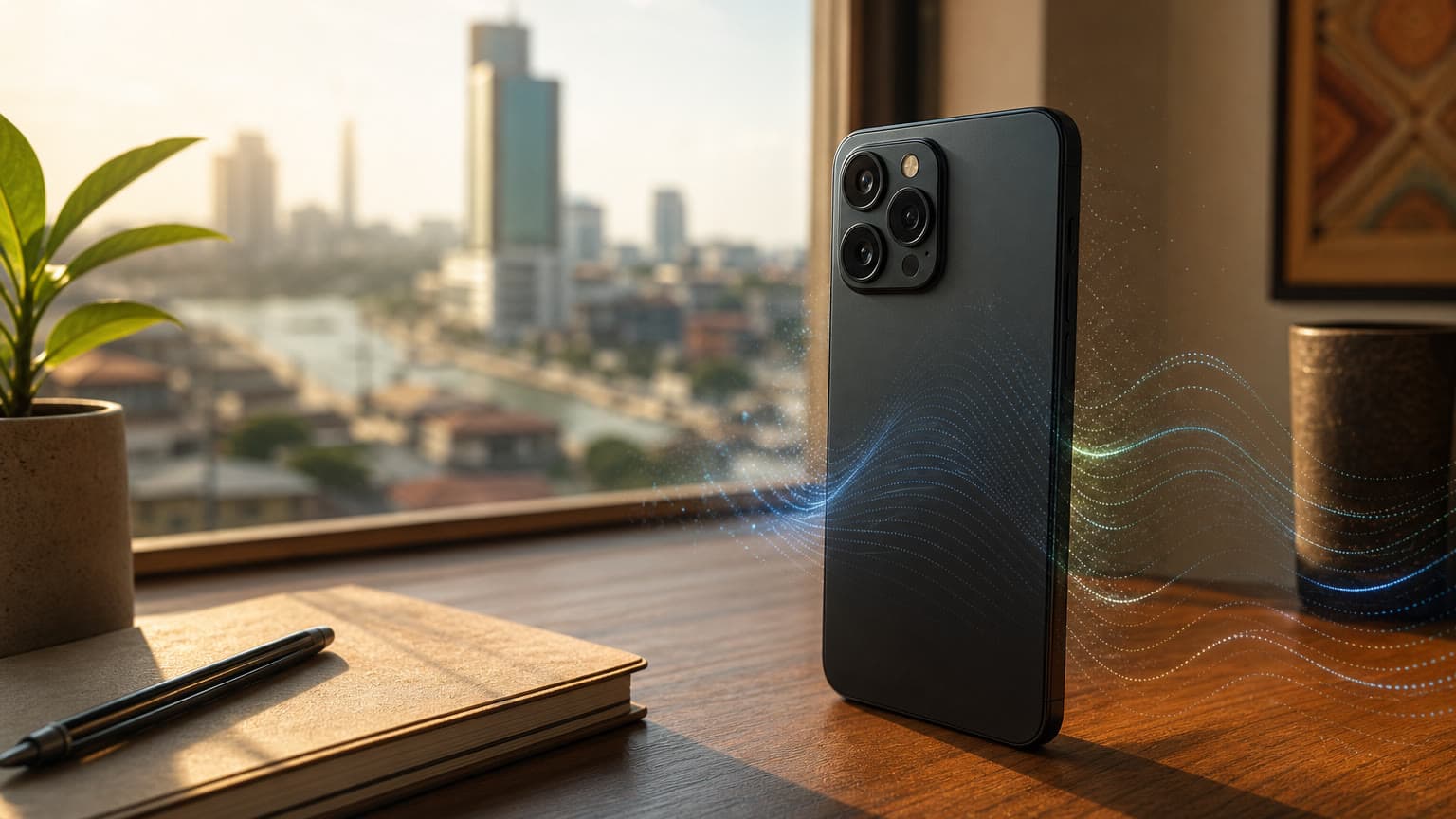 Unbranded smartphone with abstract AI light patterns in a modern African office setting