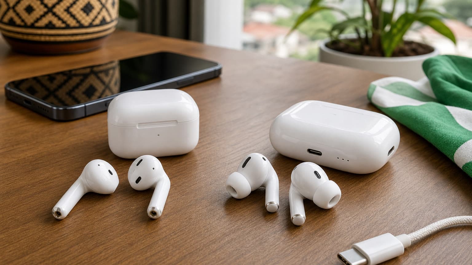 Apple-style wireless earbuds comparison scene on a clean desk without logos