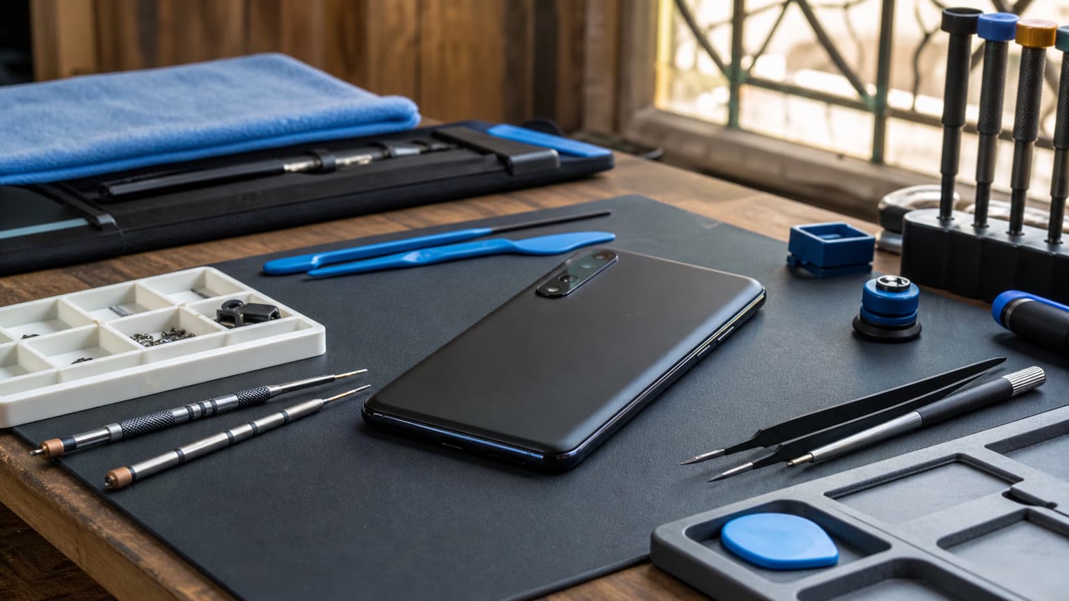 Unbranded smartphone on a professional repair workbench with precision tools