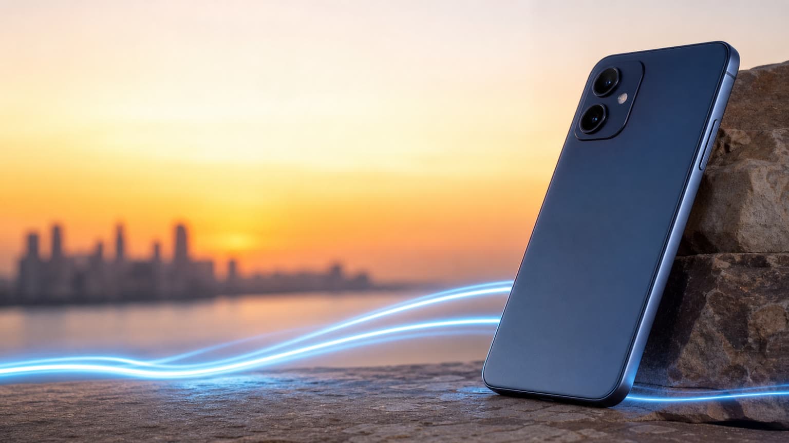 Unbranded slim smartphone in an editorial sunset scene representing long battery life