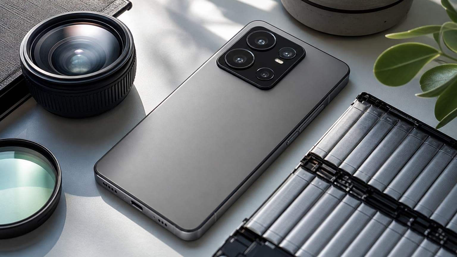 Unbranded premium smartphone with camera lenses and battery-themed elements