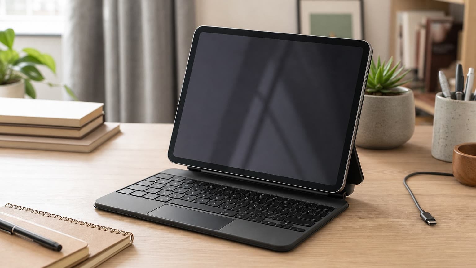 An 11-inch tablet attached to a premium keyboard case on a tidy work desk