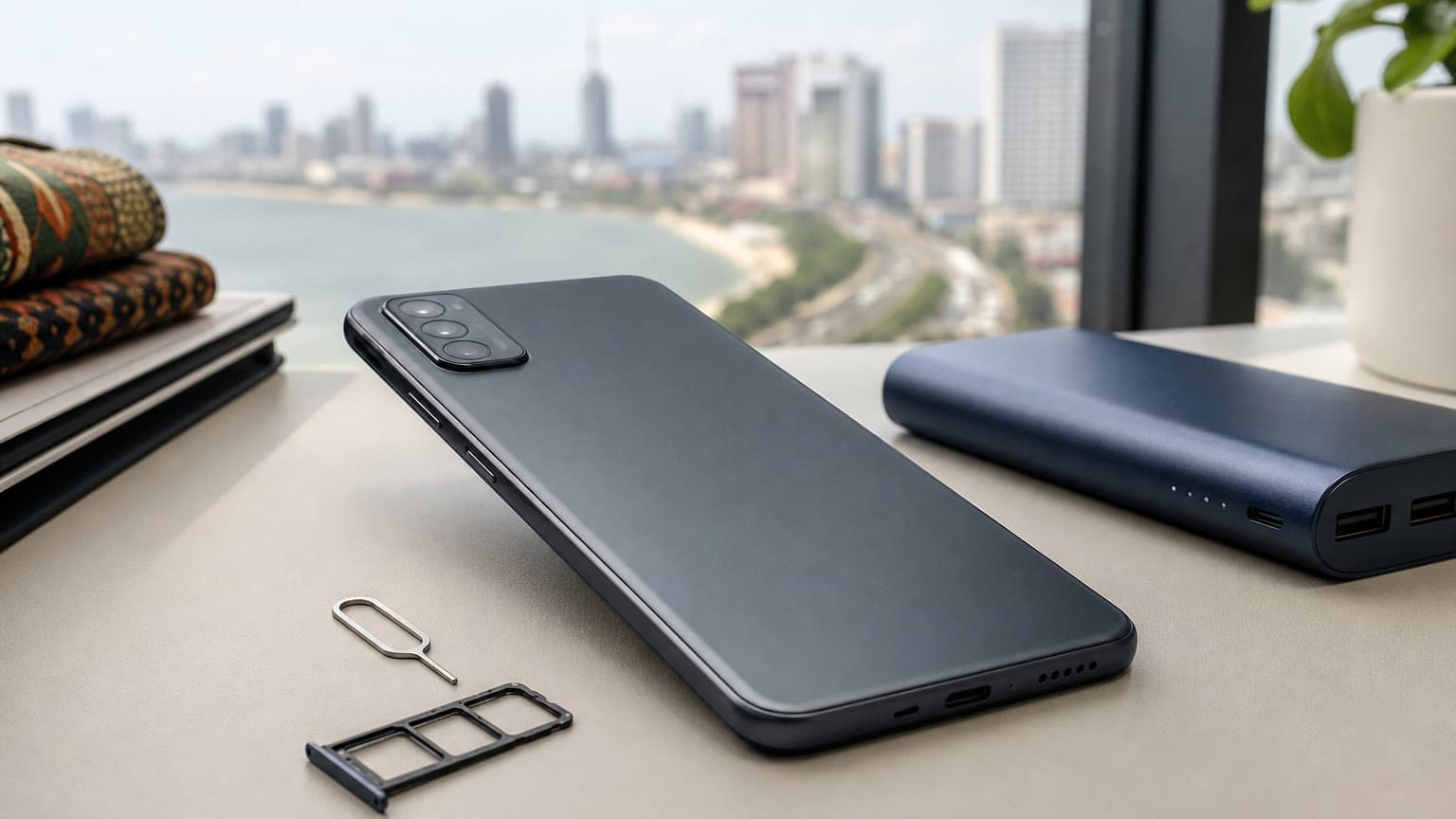 Unbranded budget smartphone on a desk with SIM tray and power bank